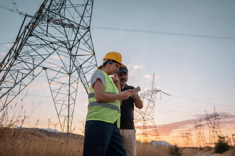 2 Electric Workers Monitoring Tall Transmission Lines