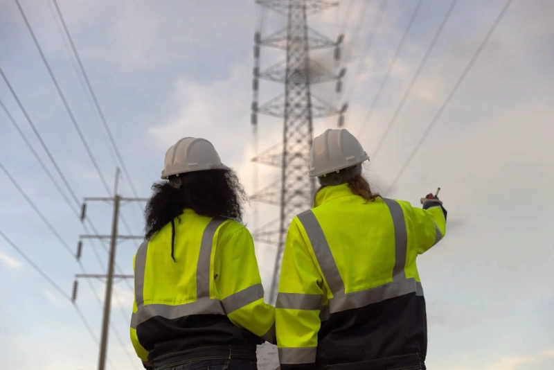 2 Electric Workers Inspecting Tall Transmission Lines